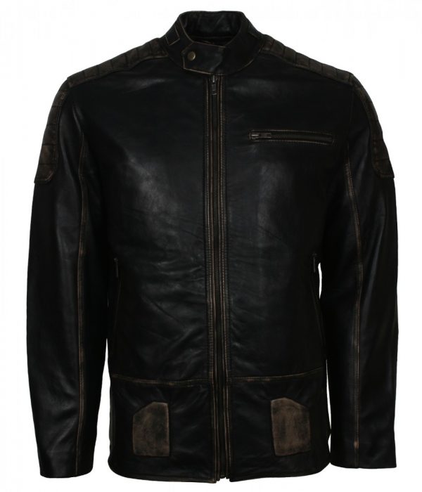 Men's Distressed Padded Italian Black Biker Leather Jacket - US Leather ...