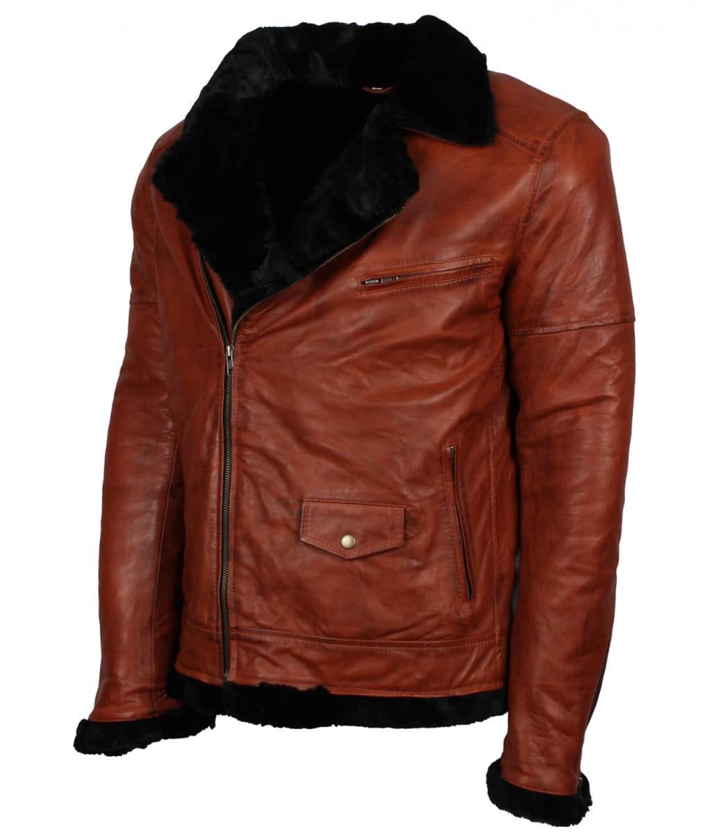 Men's Inner Faux Fur Brown Genuine Leather Jacket - US Leather Mart