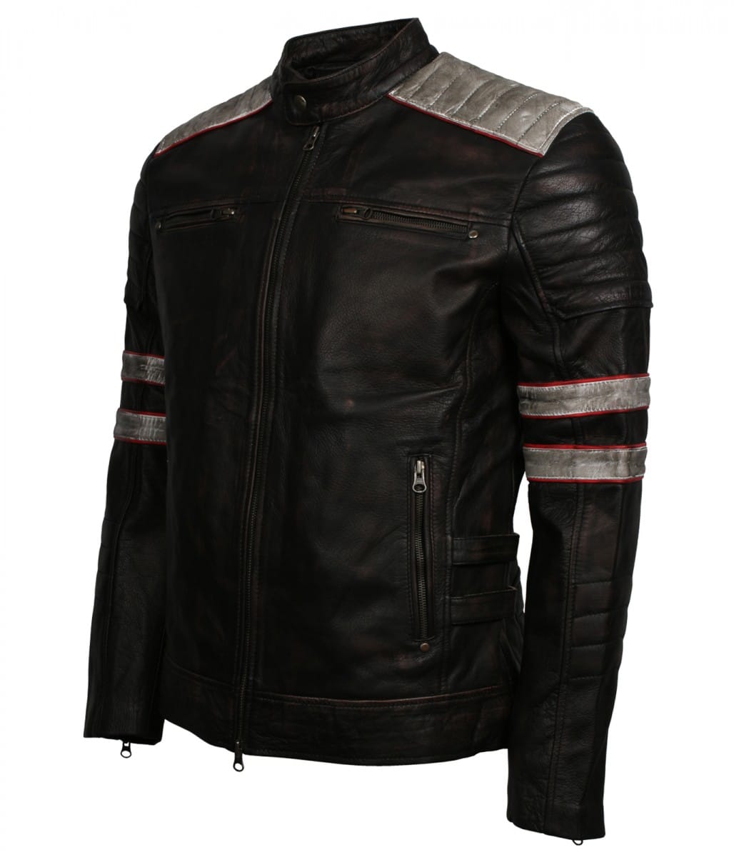 White and Red Stripe Waxed Black Leather Jacket - US Leather Mart