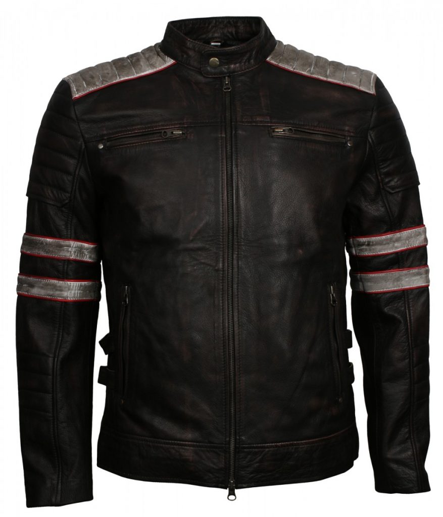 White and Red Stripe Waxed Black Leather Jacket - US Leather Mart