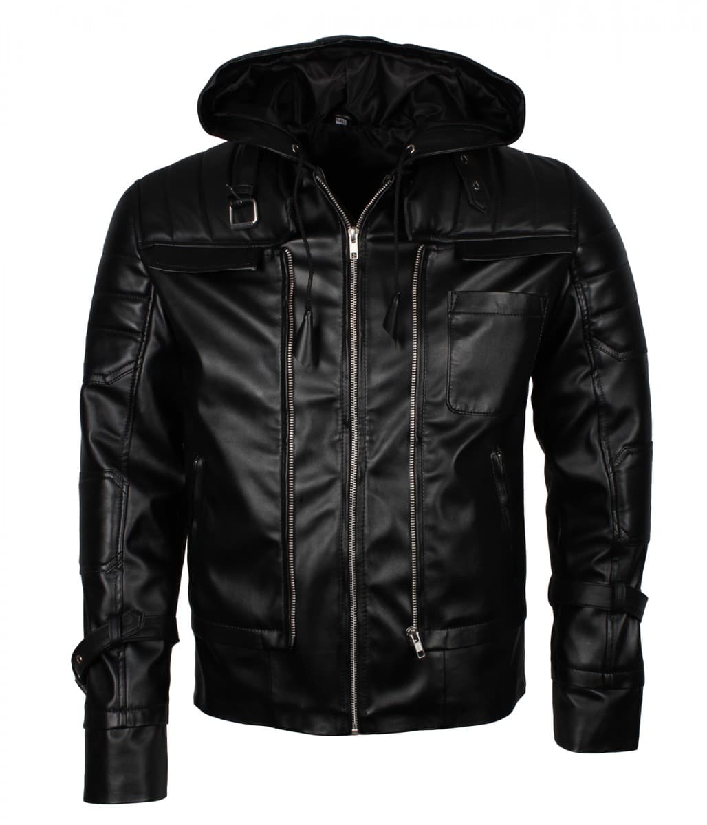 Men's Hooded Knight Arkham Black Leather Jacket - US Leather Mart