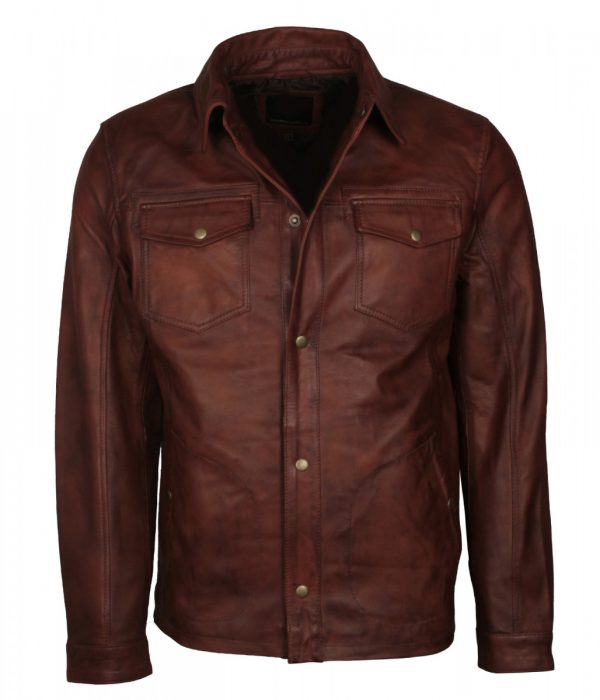 Dark Brown Classic Button Leather Jacket - US Leather Mart