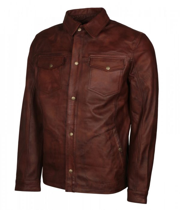 Dark Brown Classic Button Leather Jacket - US Leather Mart